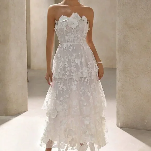 White Elegant Women's 3d Floral Decor Strapless Party Dress